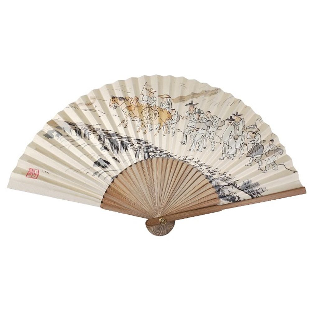 ATTY FACTORY Korean Traditional Folding Fan –To Marketplace Road (Large) _ Traditional Minhwa Fan with Hanji & Bamboo, Korean Knot + Gift Box Included _ Made in Korea