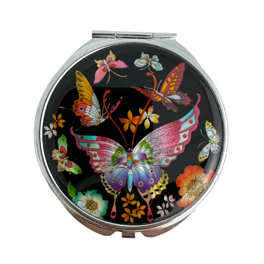 NAMIN Craft Korean Traditional Mother-of-Pearl Double-Sided Compact Mirror (70mm x 75mm), Butterfly Black – Made in Korea, Authentic Handicraft & Souvenir