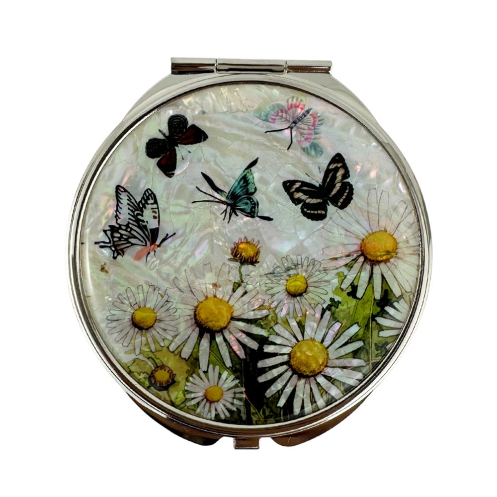 NAMIN Craft Korean Traditional Mother-of-Pearl Double-Sided Compact Mirror (70mm x 75mm), Butterfly and Chrysanthemum – Made in Korea, Authentic Handicraft & Souvenir