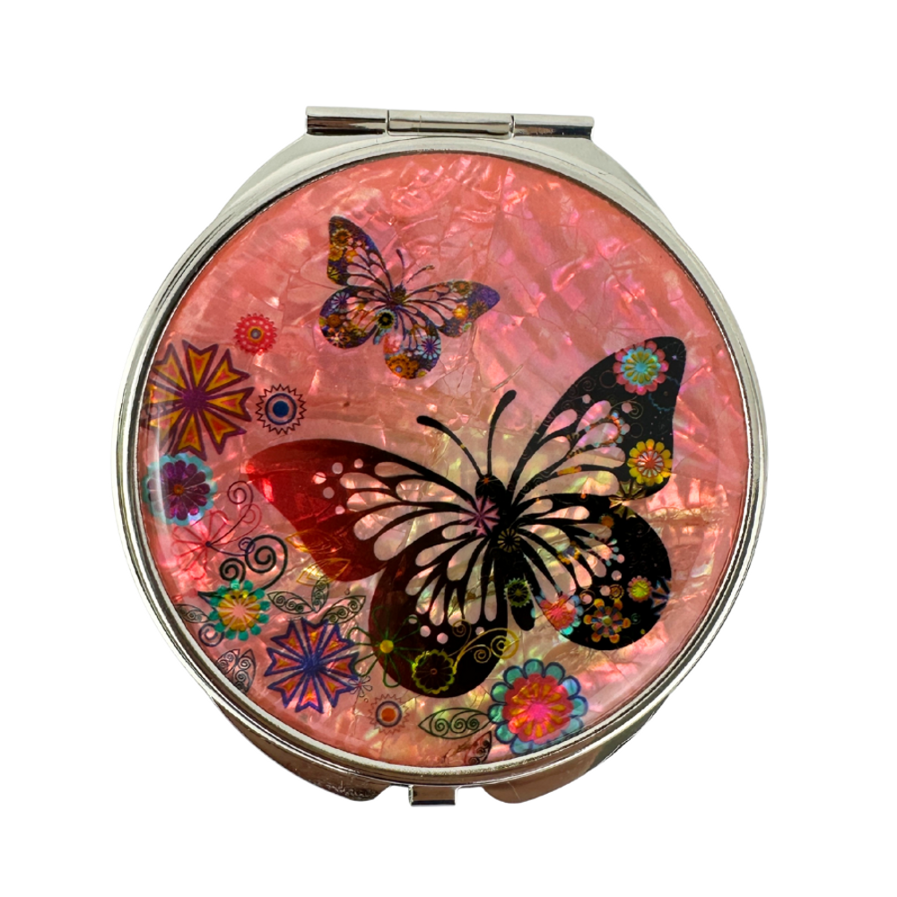 NAMIN Craft Korean Traditional Mother-of-Pearl Double-Sided Compact Mirror (70mm x 75mm), Butterfly Pink – Made in Korea, Authentic Handicraft & Souvenir