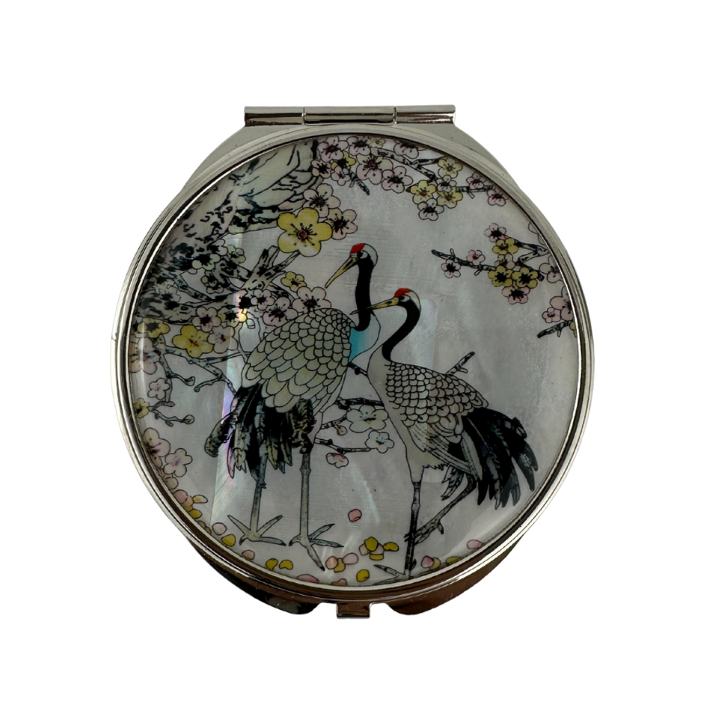 NAMIN Craft Korean Traditional Mother-of-Pearl Double-Sided Compact Mirror (70mm x 75mm), Crane White – Made in Korea, Authentic Handicraft & Souvenir