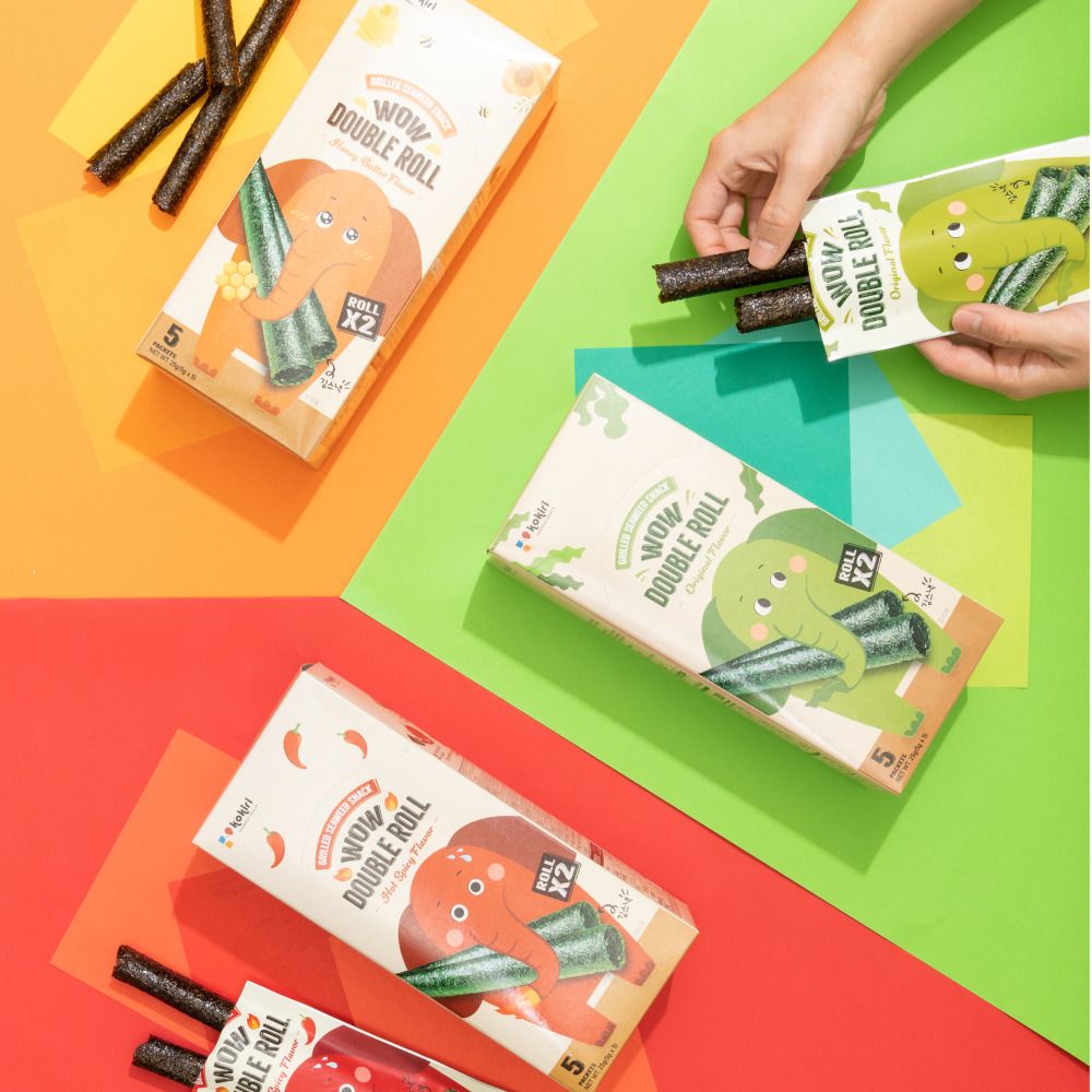 JungdamGim Elephant Wow Double Roll Seaweed Snack 1 Box (5 Packs x 3 Boxes) – Crispy Seaweed Snack in 3 Flavors