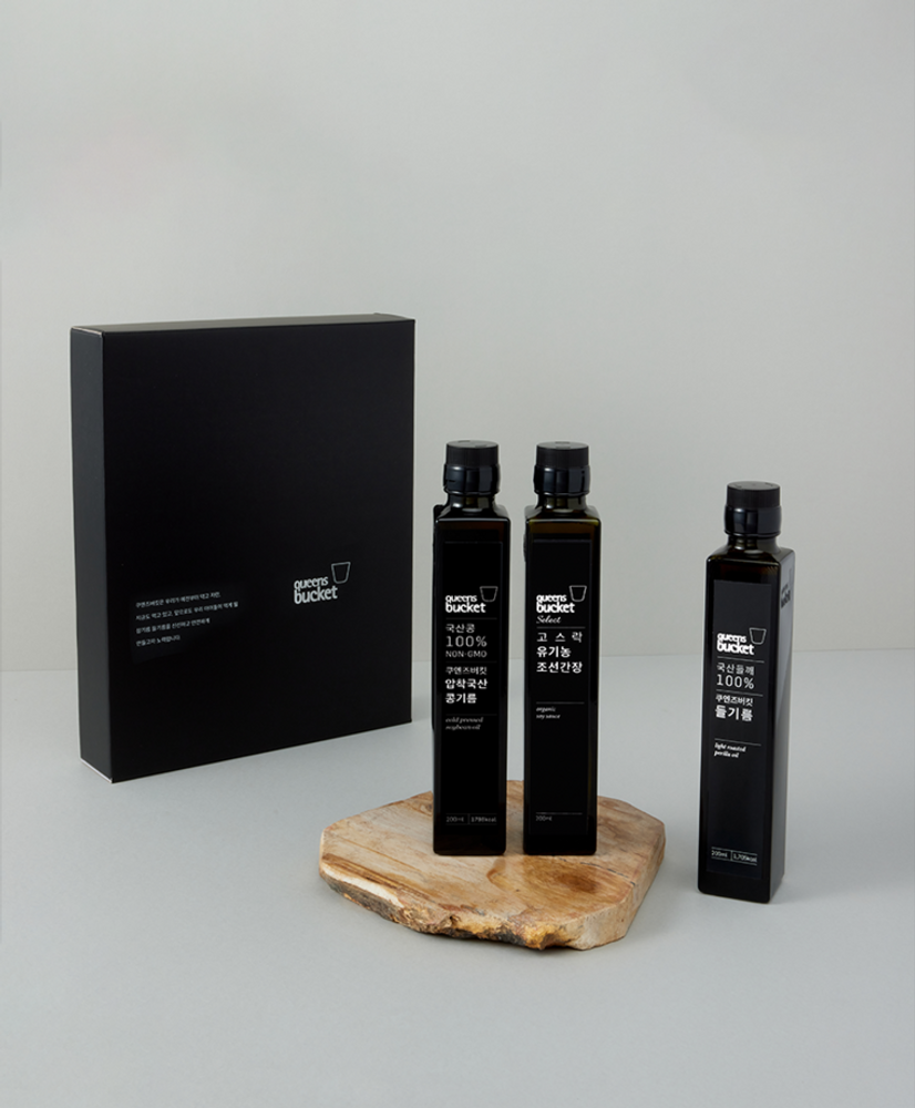 QUEENSBUCKET Perilla Oil · Soybean Oil · Organic Soy Sauce Set _ Premium Korean Cold-Pressed Oils & Traditional Soy Sauce