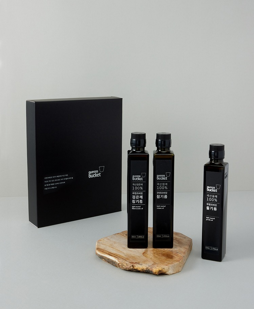 QUEENSBUCKET Korean Sesame Oil · Perilla Oil · Black Sesame Oil Set (200ml each) _ Premium Cold-Pressed Oils