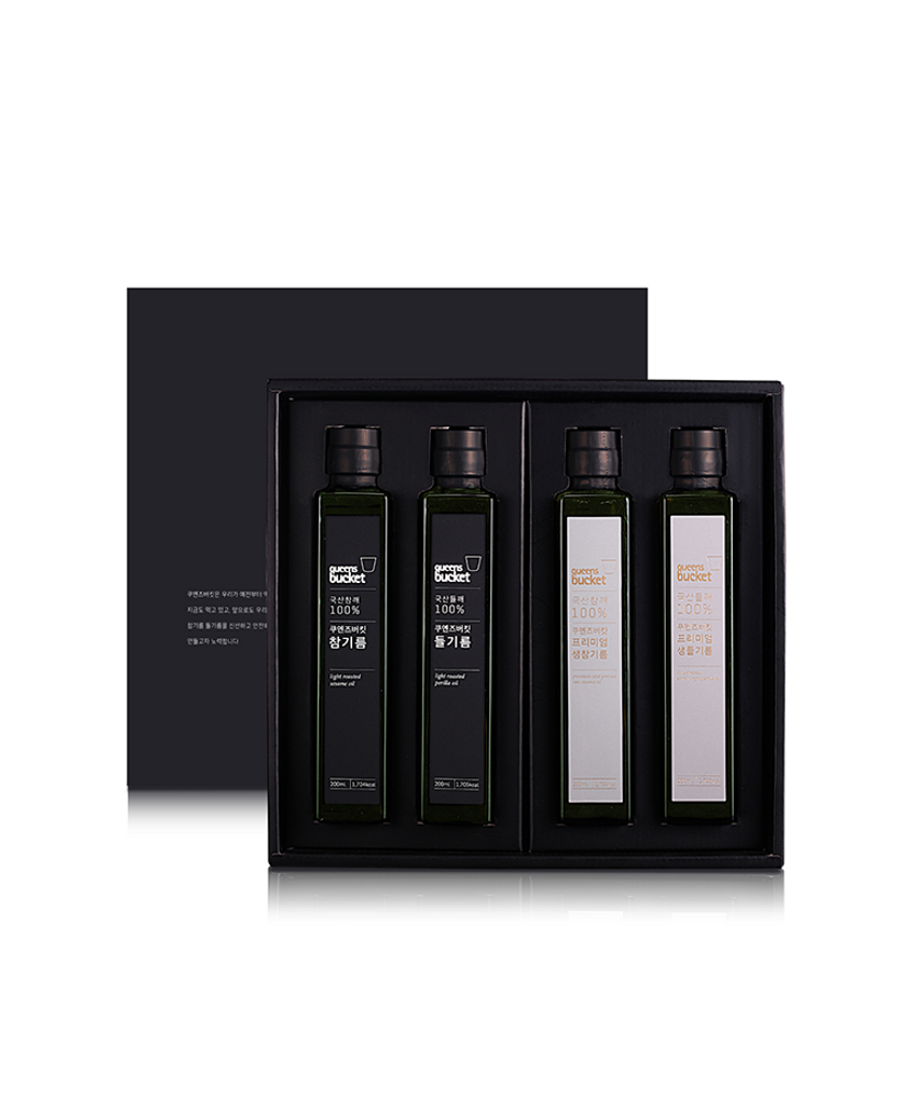 QUEENSBUCKET 4-Piece Premium Oil Set (200ml each) | Sesame Oil · Perilla Oil · Raw Sesame Oil · Raw Perilla Oil