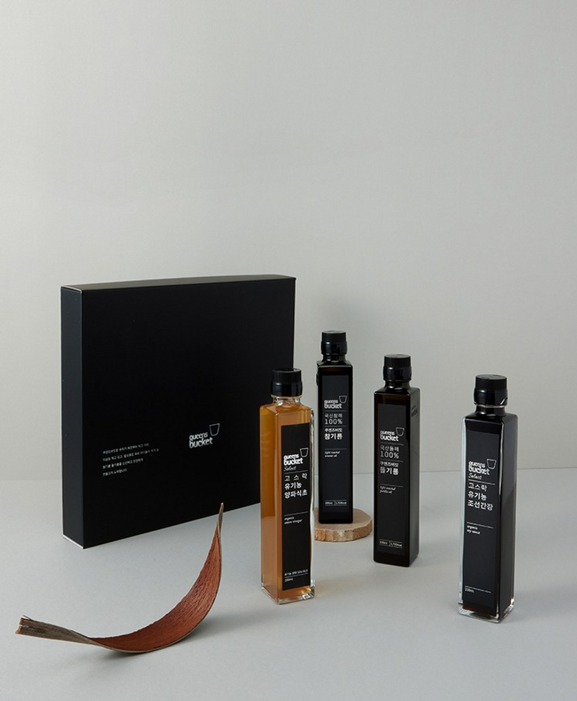 QUEENSBUCKET  Sesame Oil · Perilla Oil · Organic Vinegar · Organic Soy Sauce Set (200ml each) _ Premium Korean Cold-Pressed Oils & Organic Fermented Condiments