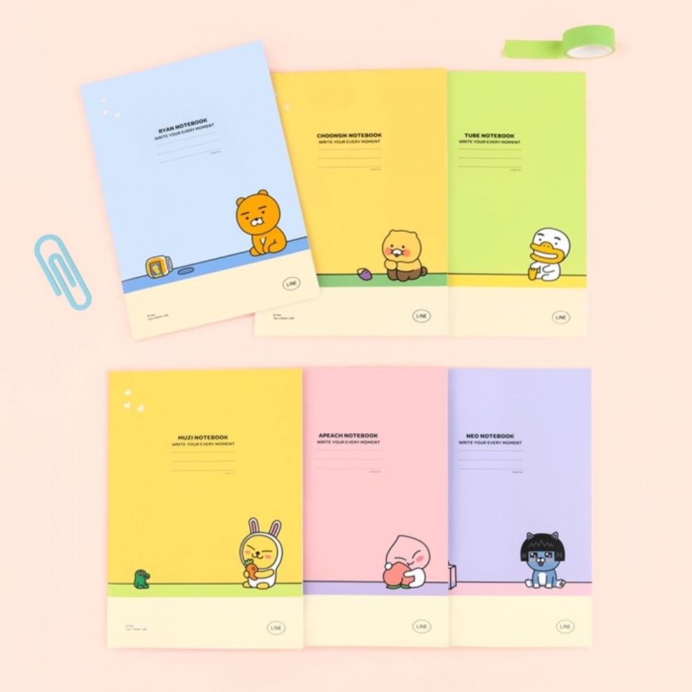 Kakao Friends A5 Lined Notebook (Choonsik/Ryan and 6 Characters) | 7mm Ruled 24 Sheets | Thin & Lightweight Portable Note | Made in Korea