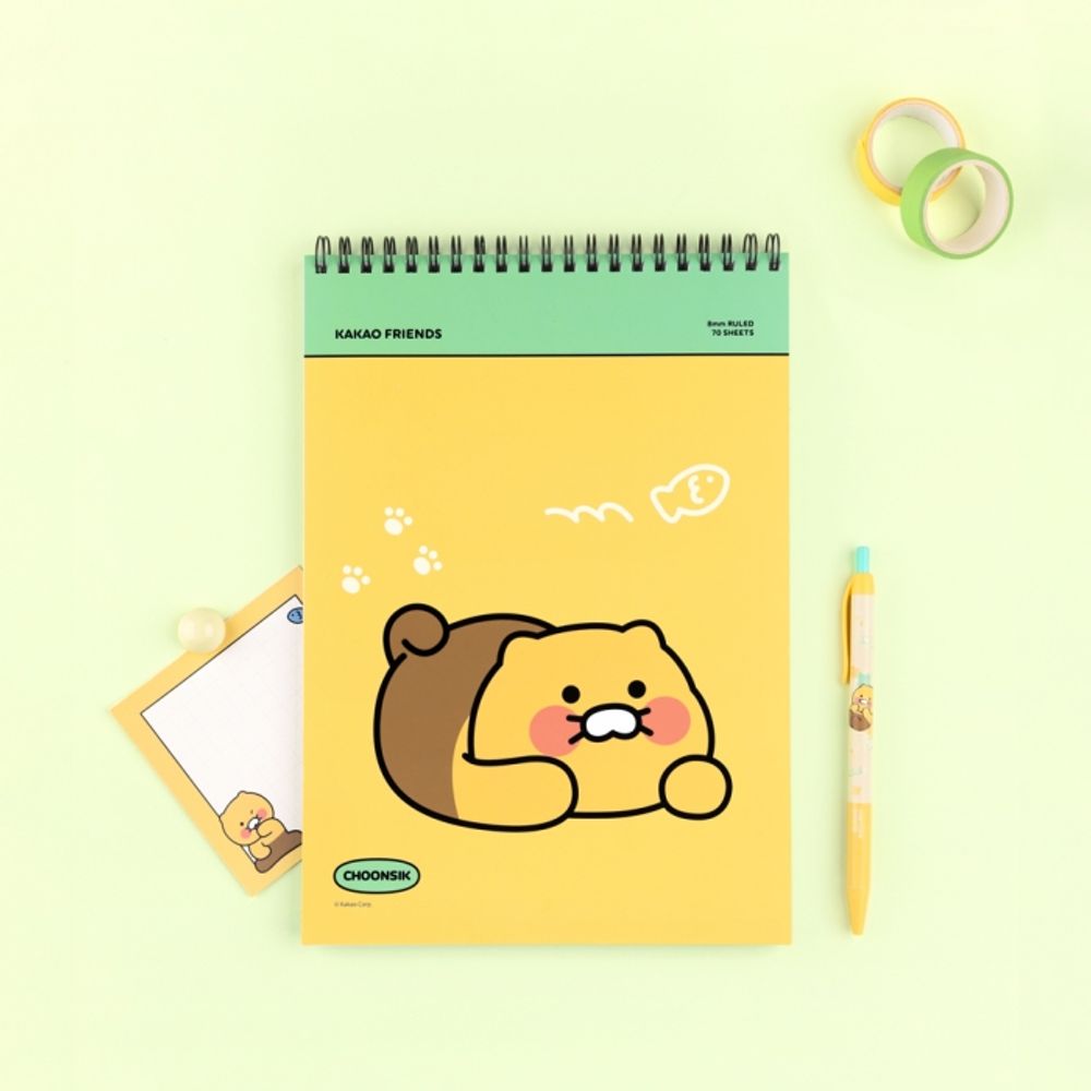 Kakao Friends Choonsik Top Spiral Notebook | B5 Lined Twin Ring Note | 360° Lay-Flat | 70 Sheets 7mm Ruled | Made in Korea