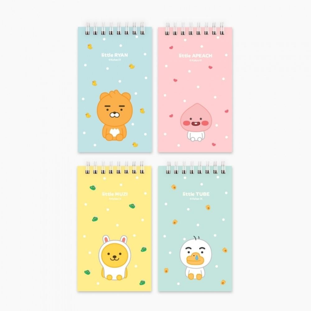 Kakao Friends Little Friends Top Spiral Notebook (Ryan/Apeach/Muzi/Tube) | 360° Twin Ring Pocket Size Memo Pad | 80x135mm 50 Sheets | Made in Korea
