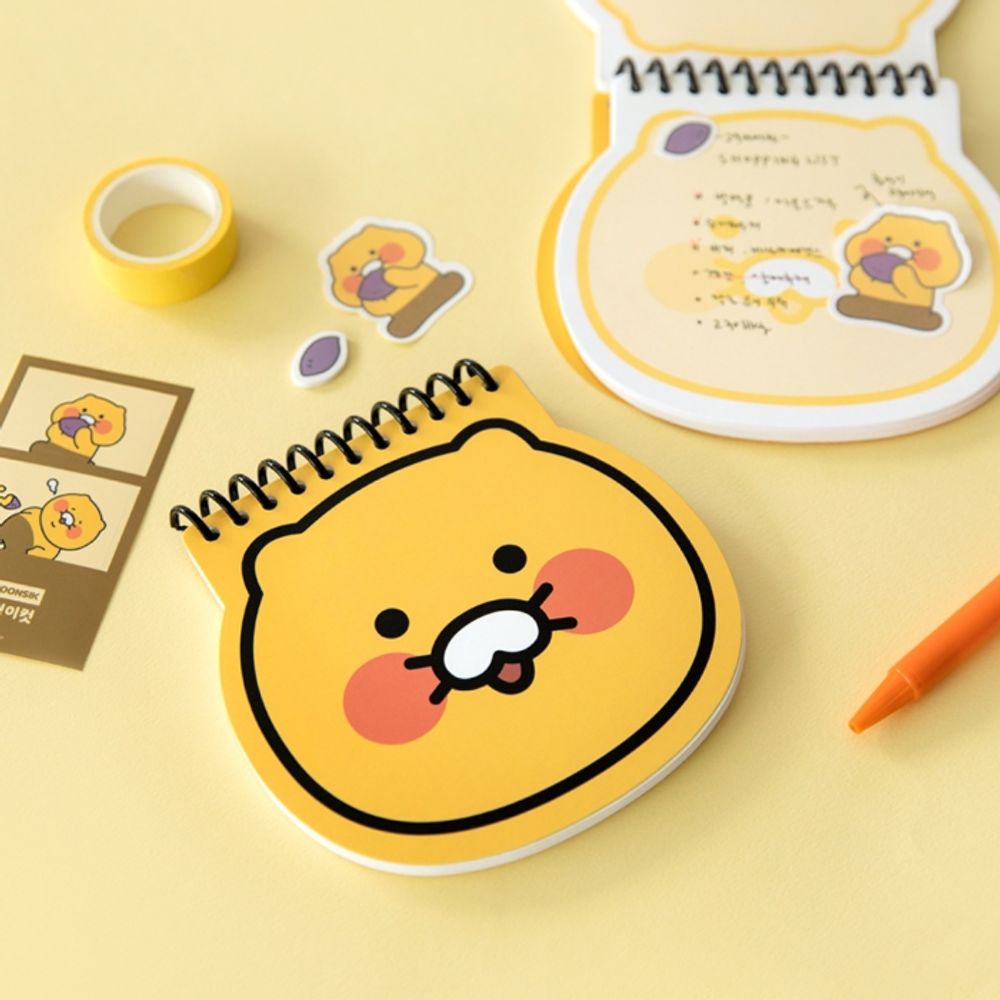 Kakao Friends Choonsik Face Shaped Notebook | 2 Expression Inner Sheets 60 Sheets (30 Each) | 360° Top Spiral Memo Pad | Made in Korea
