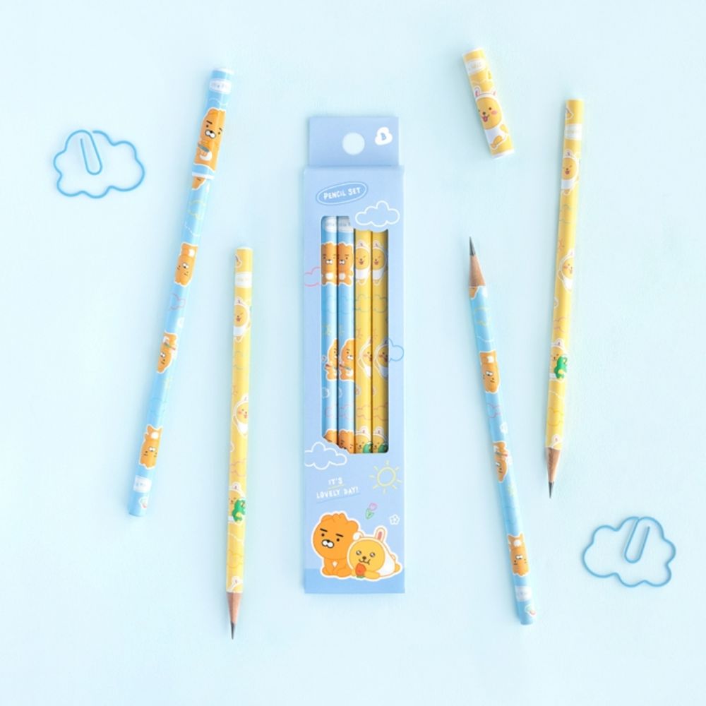 Kakao Friends Lovely 4-Pack Pencil Set (Ryan & Muzi) | Pastel B Lead | Round Body Grip | Designed in Korea