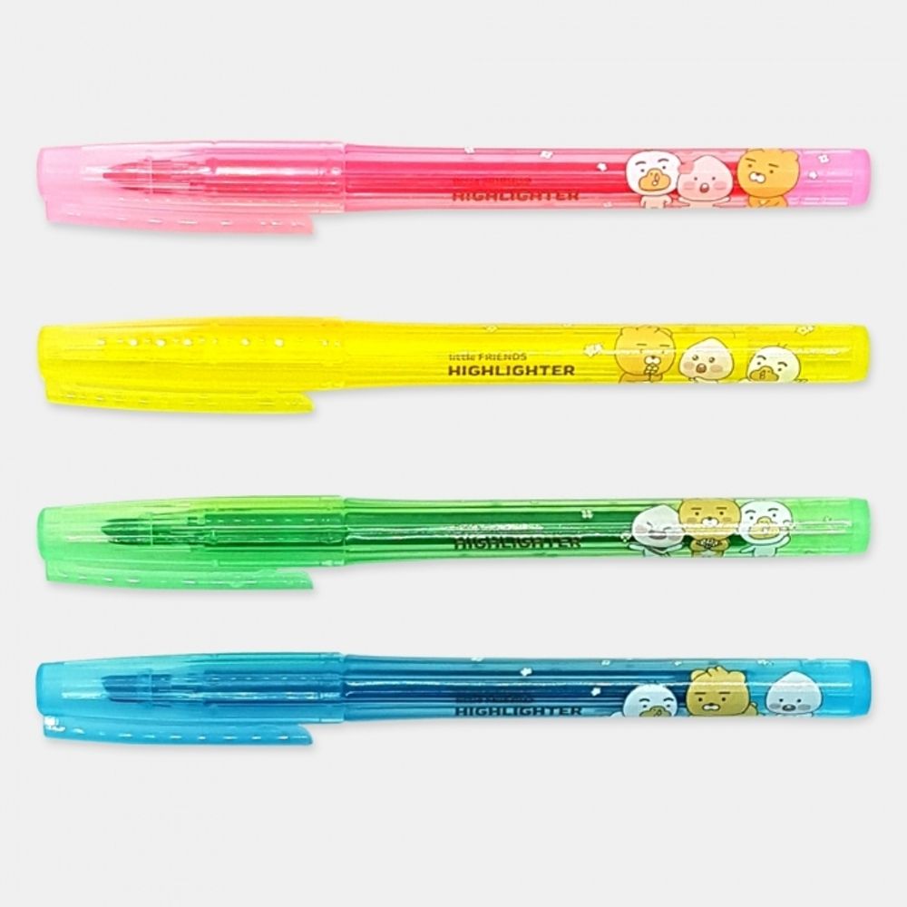 Kakao Friends Little Friends Highlighter Pen 4-Color Set | Yellow/Pink/Blue/Green | 4mm Nib | Made in Korea