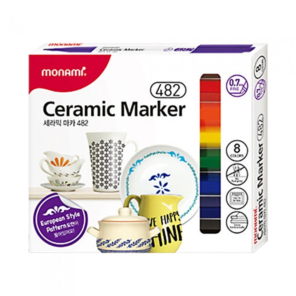 [Monami] Ceramic Marker 482 8 Color Set | 0.7mm Round Nib | Porcelain/Mug DIY Styling | Includes Pattern Guide | Designed in Korea