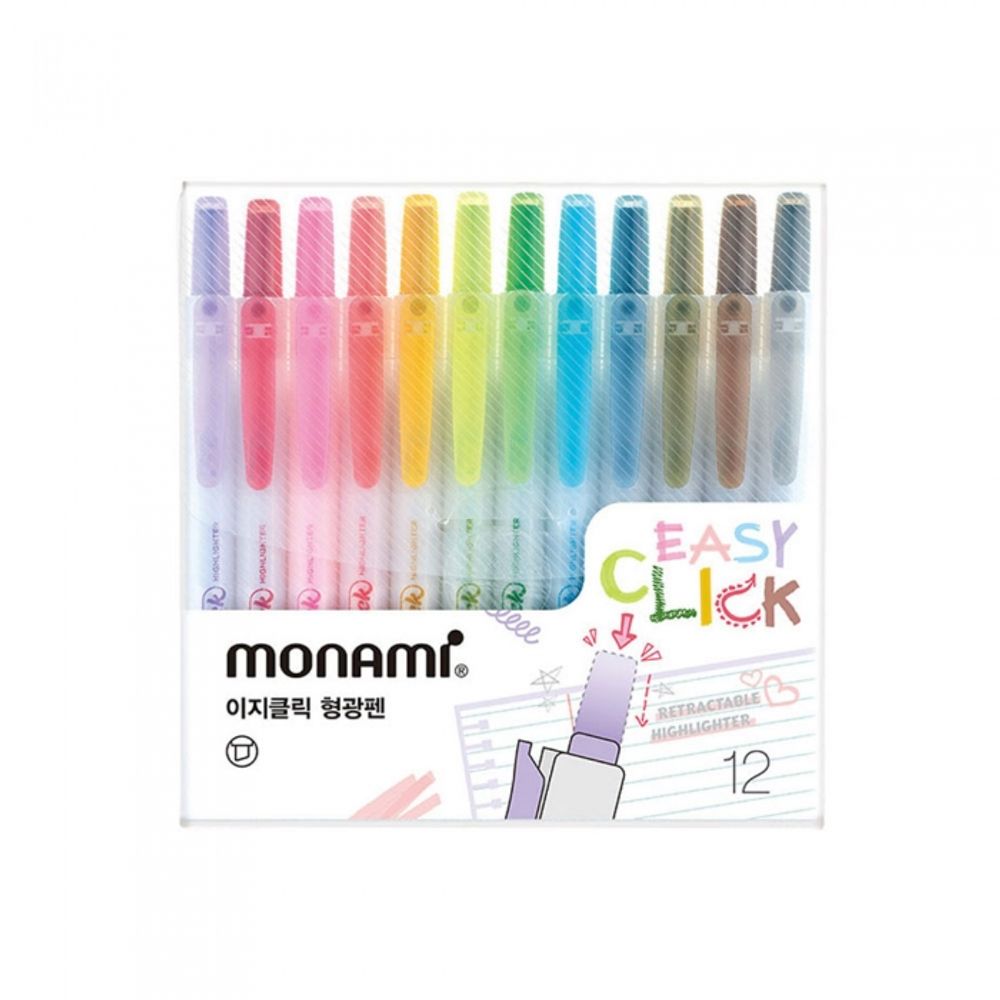 [Monami] Easy Click Highlighter Pen 12 Color Set | Retractable Capless Design | Chisel Tip 1.4–4.0mm | Designed in Korea