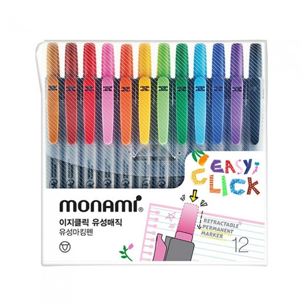 [Monami] Easy Click Permanent Marker 12 Color Set | Retractable Capless Design | 2.0mm Round Nib | Designed in Korea