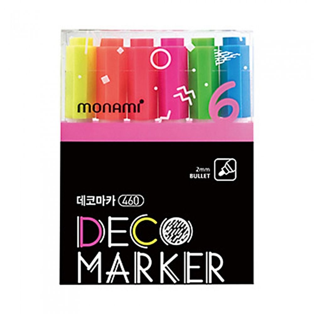 [Monami] Deco Marker 460 Fluorescent 6 Color Set | Water-Based Opaque 2mm Round Nib | Multi-Surface Decoration | Mild Odor | Made in Korea