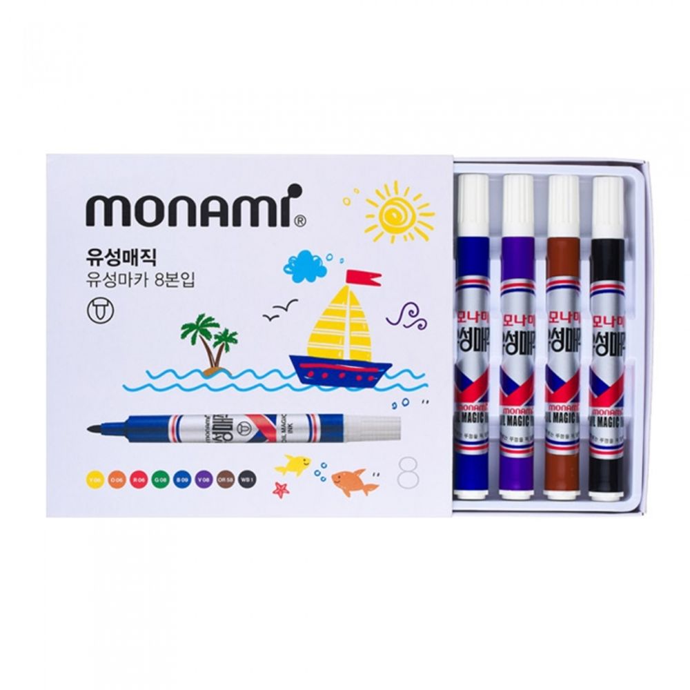 [Monami] Permanent Marker 8 Colors | Round Nib 1.5mm (Bullet) | Mild Odor Alcohol Ink | Made in Korea