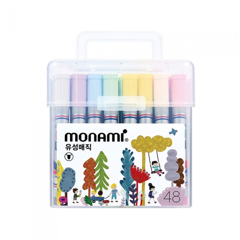 [Monami] Permanent Marker 48 Color Set | Round Nib 1.5mm (Bullet) | Water-Resistant/Multi-Surface | Handled Case | Made in Korea