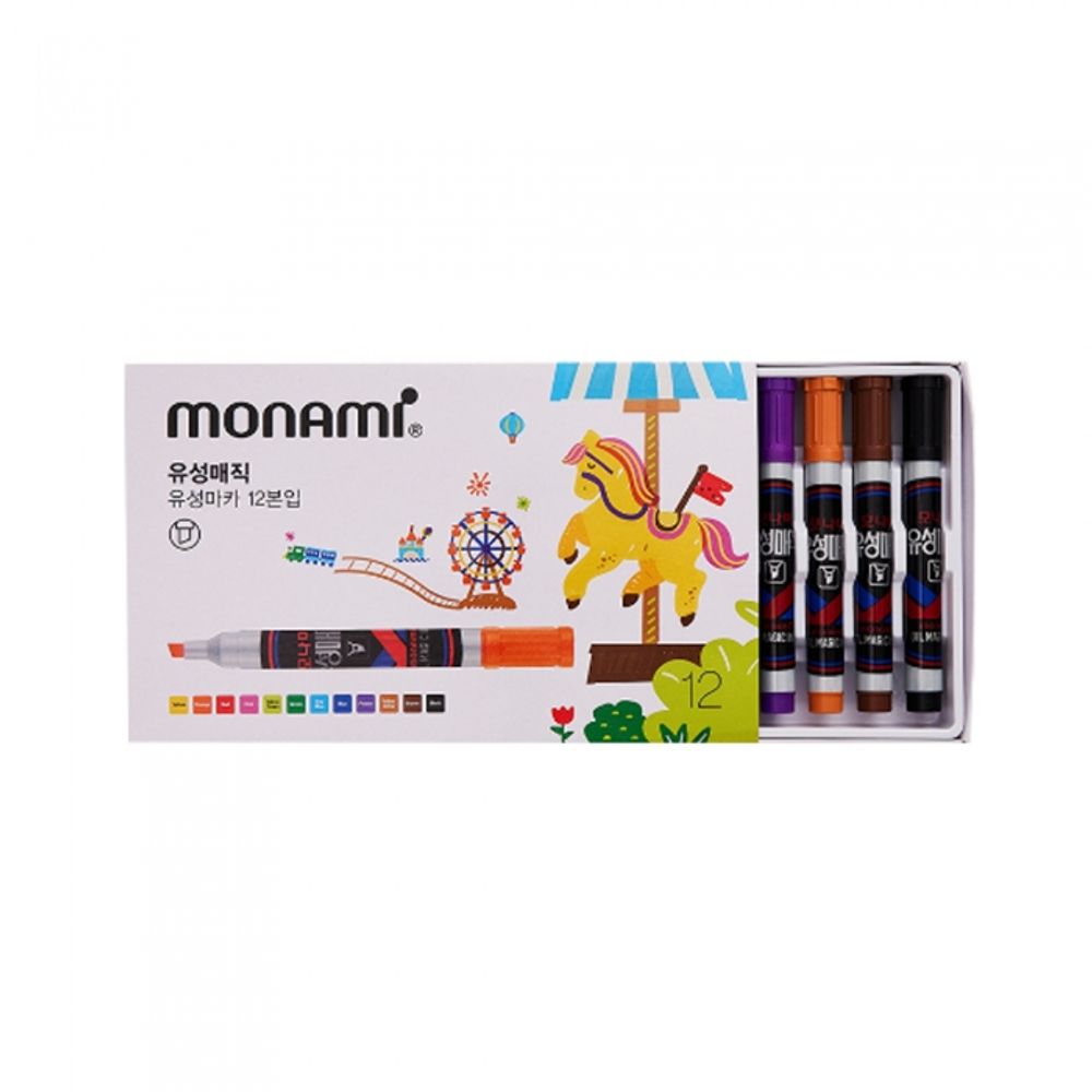 [Monami] Permanent Marker 12 Color Set Chisel Nib (2–6mm) | POP/Wide Area Marking | Made in Korea