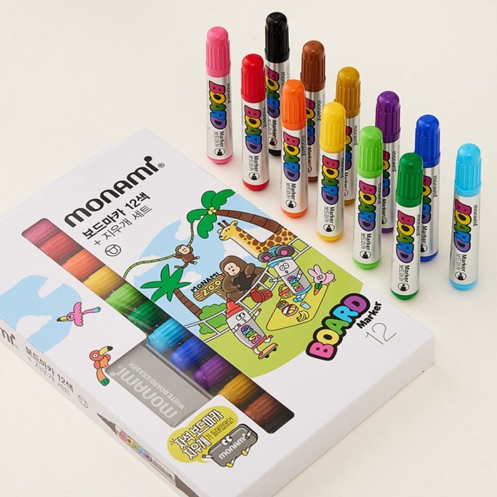 [Monami] Whiteboard Marker 12 Color Set + Magnetic Eraser | 2mm Round Nib | High Erasability/KC Certified | Made in Korea