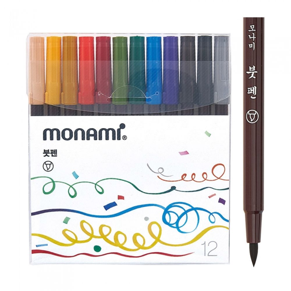 [Monami] Brush Pen 12 Color Set | Traditional Korean Art Colors | Rubber Brush Nib/Watercolor Effect | Calligraphy/Drawing Optimized | Designed in Korea
