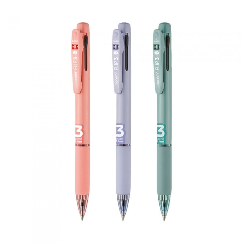 [Monami] FLIP 3 Color Oil-Based Ballpoint Pen 0.7mm (Opaque Body) | Low-Viscosity Ink Multi Pen | Rubber Grip | Made in Korea