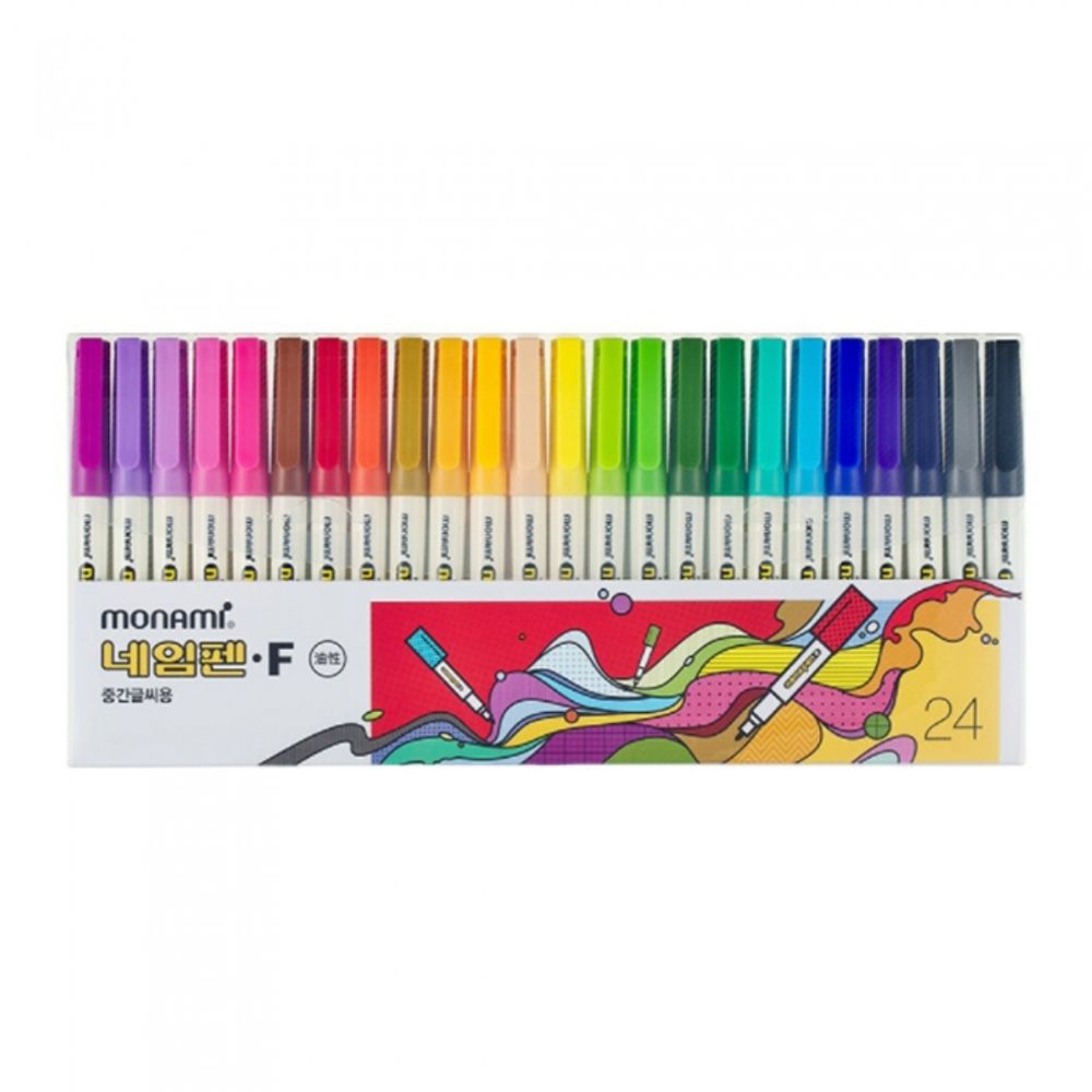 [Monami] Name Pen F 24 Color Set | Fine Nib 1mm Permanent Marker | Water-Resistant/Multi-Surface | Drawing/DIY Optimized | Made in Korea