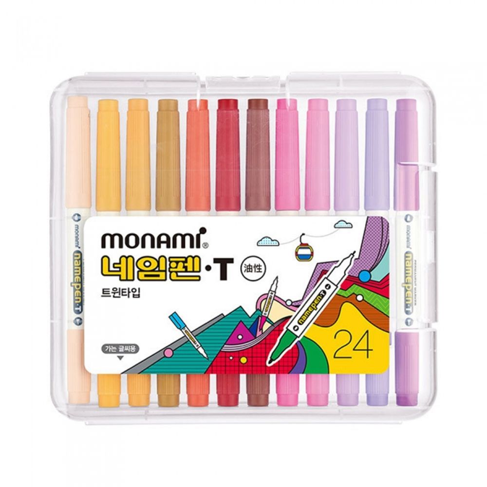 [Monami] Name Pen T Twin Marker 24 Color Set (Double-Sided) | 0.4mm Fine + 0.7mm Medium Tips | Water-Resistant/Multi-Surface | Designed in Korea