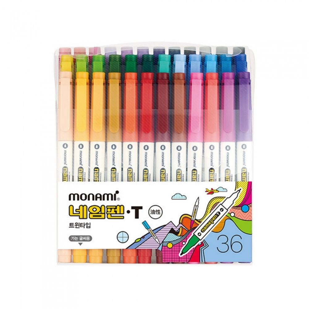 [Monami] Name Pen T Twin Marker 36 Color Set (Double-Sided) | 0.4mm Fine + 0.7mm Medium Tips | Water-Resistant/Multi-Surface | Designed in Korea
