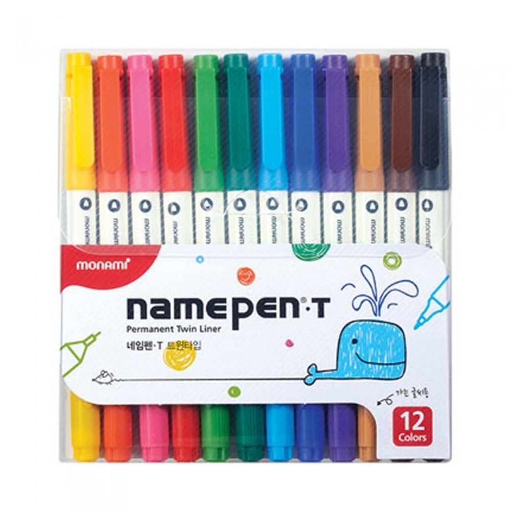 [Monami] Name Pen T Twin Marker 12 Color Set (Double-Sided) | 0.4mm & 1.0mm Tips | Strong Adhesion Permanent Ink | Made in Korea