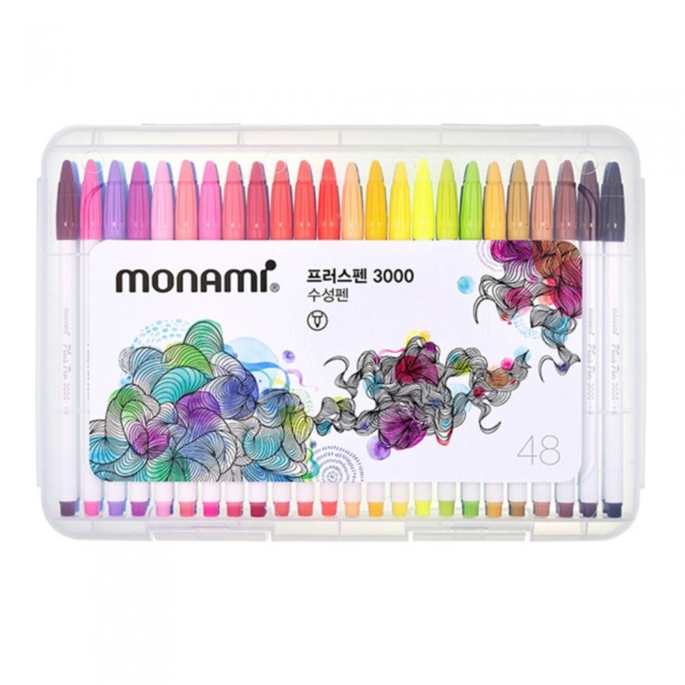 [Monami] Plus Pen 3000 48 Color Set (Warm 24 + Cool 24) | 0.4mm Fine Nib | Watercolor Effect | Ventilated Cap | Designed in Korea