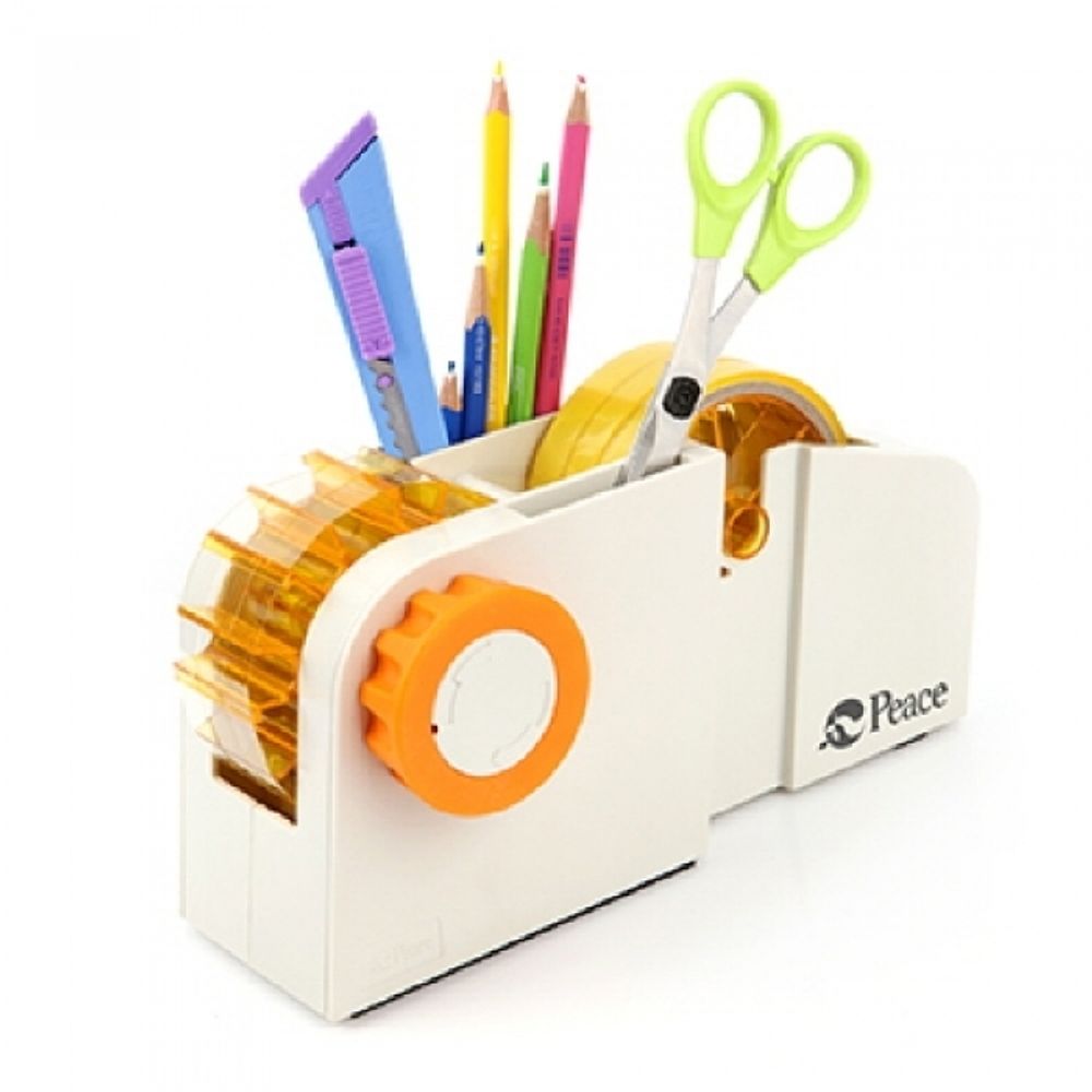 [PEACE] Desktop Tape Dispenser No. 1 | Built-in Organizer & Drawer | 3" Core Support | Safety Design | Grey/Beige | Made in Korea