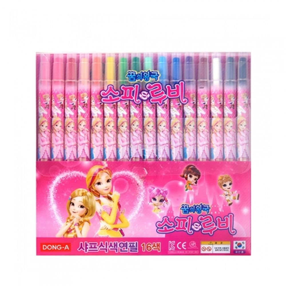 DONG-A Twistable Colored Pencils 16 Colors for Girls | Pink Character Case | CE & KC Certified Safety | Smooth & Vivid | Made in Korea