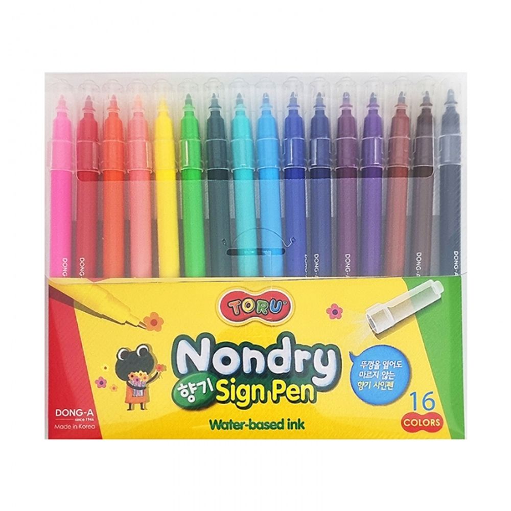 DONG-A TORU Non-Dry Scented Felt-Tip Pens 16 Colors | 7-Week Anti-Dry Technology | Vivid Water-Based Ink | KC Certified | Made in Korea