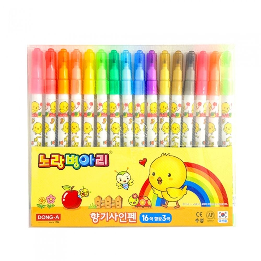 DONG-A Yellow Chick Scented Felt-Tip Pens 16 Colors | Sweet Fragrance | ACMI & CE Certified Safety | Long-Lasting Airtight Cap | Made in Korea
