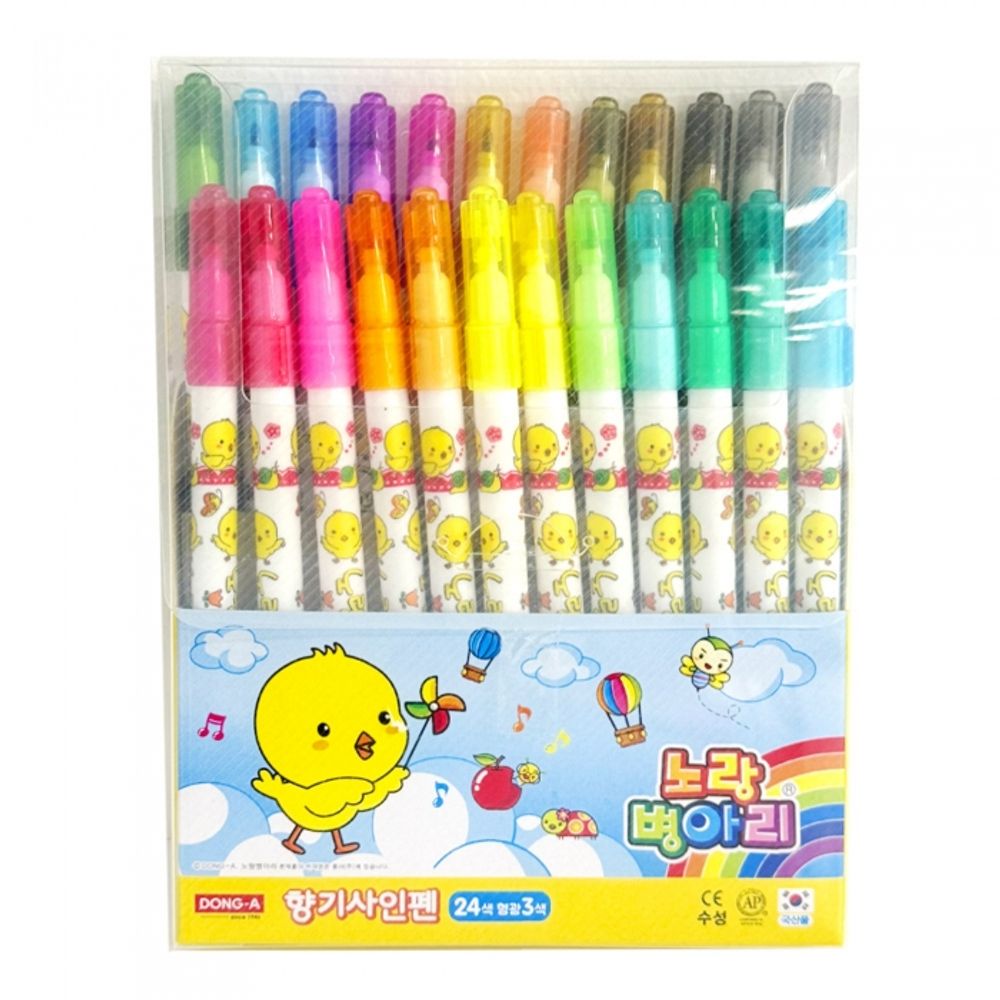 DONG-A Yellow Chick Scented Felt-Tip Pens 24 Colors | Sweet Fragrance | ACMI & CE Certified Safety | Long-Lasting Airtight Cap | Made in Korea