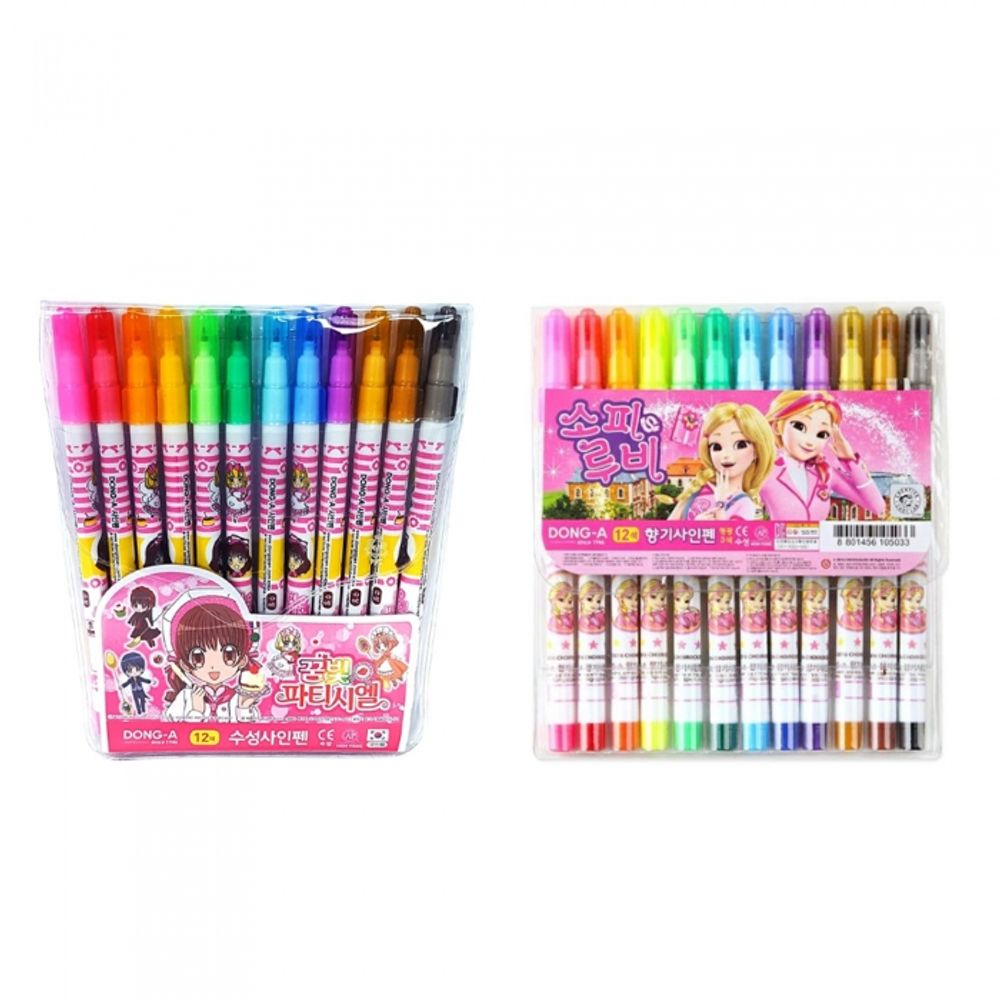 DONG-A Felt-Tip Pens 12 Colors for Girls | Pink Character Case | Long-Lasting Airtight Cap | CE & KC Certified Safety | Made in Korea