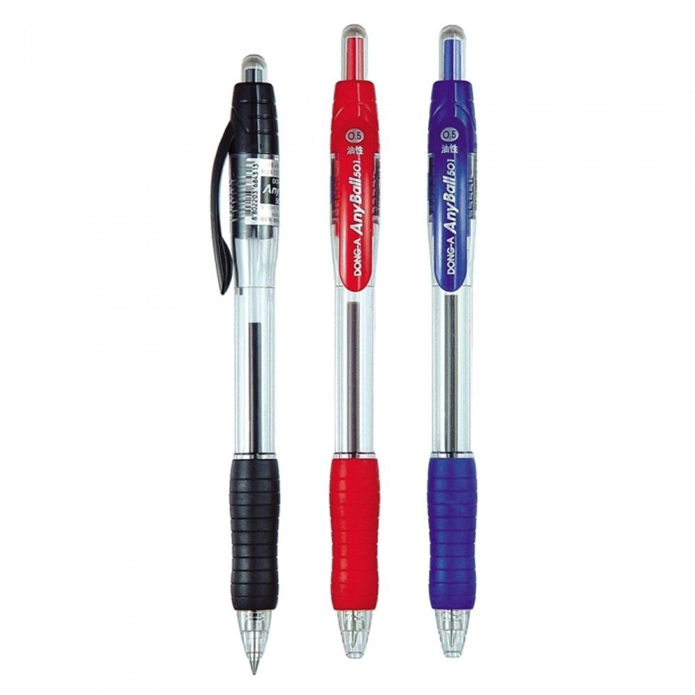 DONG-A Anyball 501 Retractable Ballpoint Pen 0.5mm | Black, Blue, Red | Ergonomic Rubber Grip | Clear Crystal Body | Made in Korea