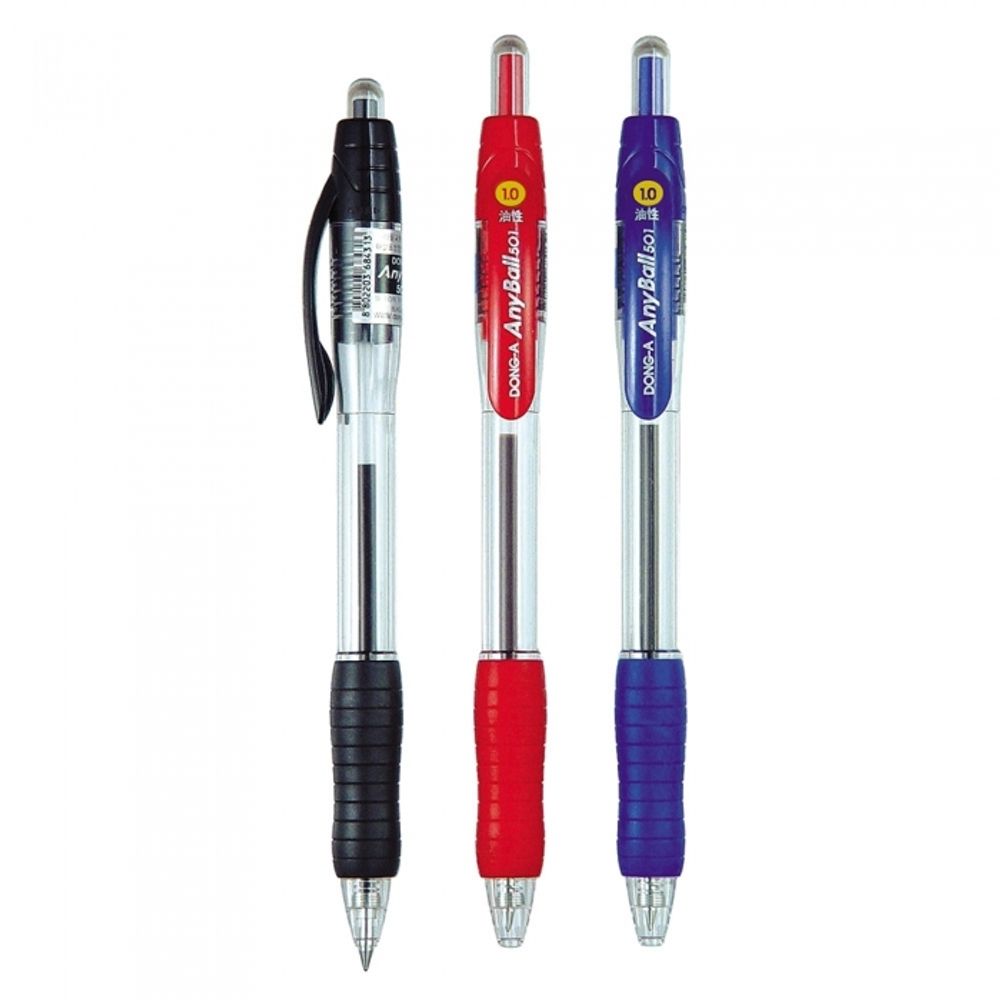 DONG-A Anyball 501 Retractable Ballpoint Pen 1.0mm | Black, Blue, Red | Ergonomic Rubber Grip | Clear Crystal Body | Made in Korea