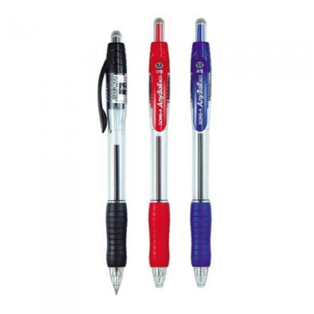 DONG-A Anyball 501 Retractable Ballpoint Pen 1.2mm | Black, Blue, Red | Ergonomic Rubber Grip | Clear Crystal Body | Made in Korea