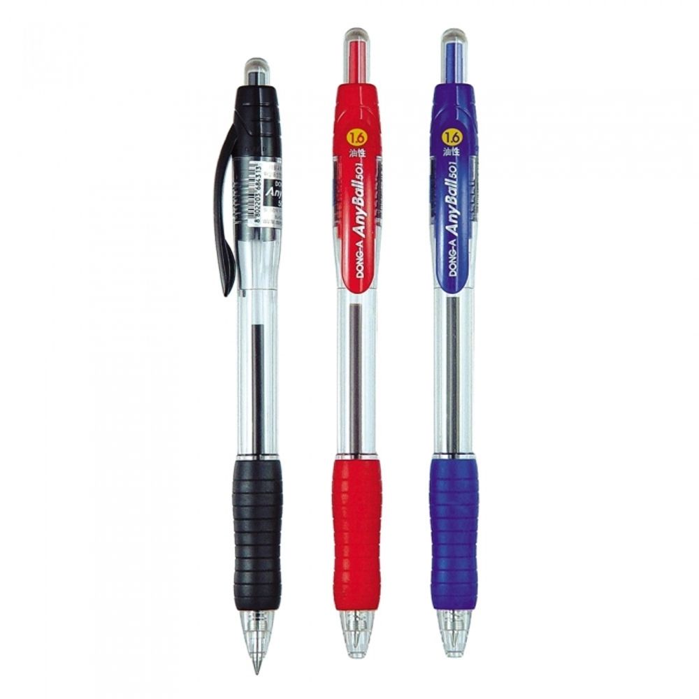 DONG-A Anyball 501 Retractable Ballpoint Pen 1.6mm | Black, Blue, Red | Ergonomic Rubber Grip | Clear Crystal Body | Made in Korea
