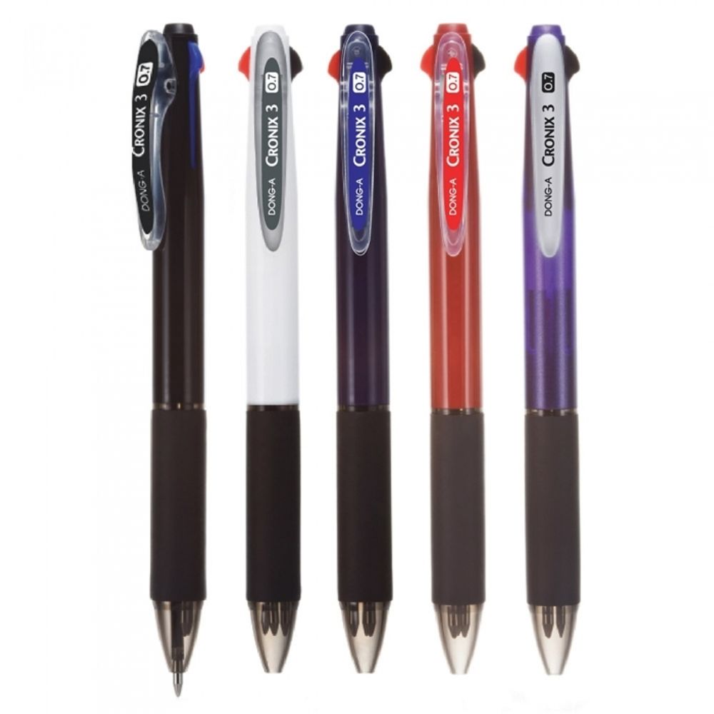 DONG-A Chronix 3 Hybrid 3-Color Ballpoint Pen 0.7mm | Black, Blue, Red Ink | Soft Rubber Grip | Smooth Hybrid Ink | Made in Korea