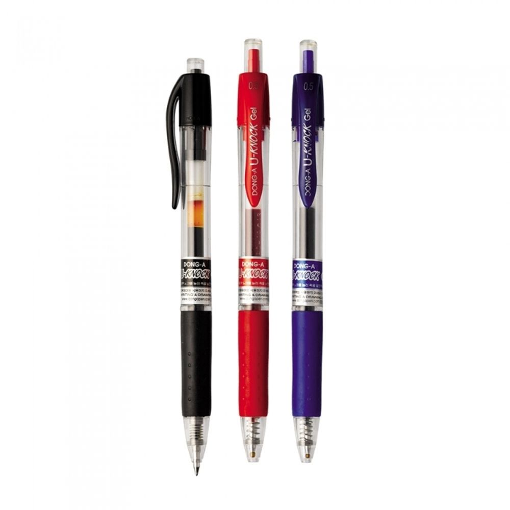 DONG-A U-KNOCK Retractable Ballpoint Pen 0.5mm | Black, Blue, Red | World's First U-Spring Tip | Permanent Ink | Made in Korea