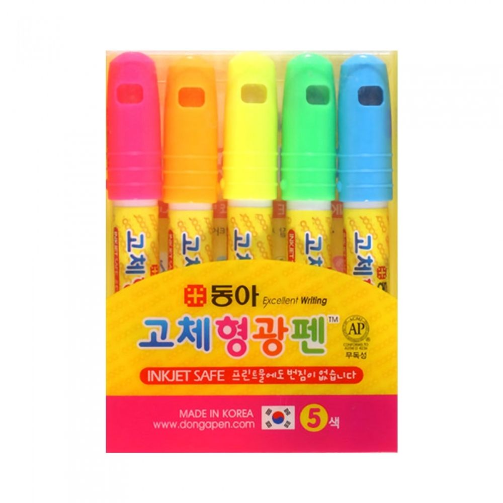 DONG-A JET STICK Solid Highlighter 5-Color Set | Smear-Proof for Inkjet | Twist-Up Gel Type | Made in Korea