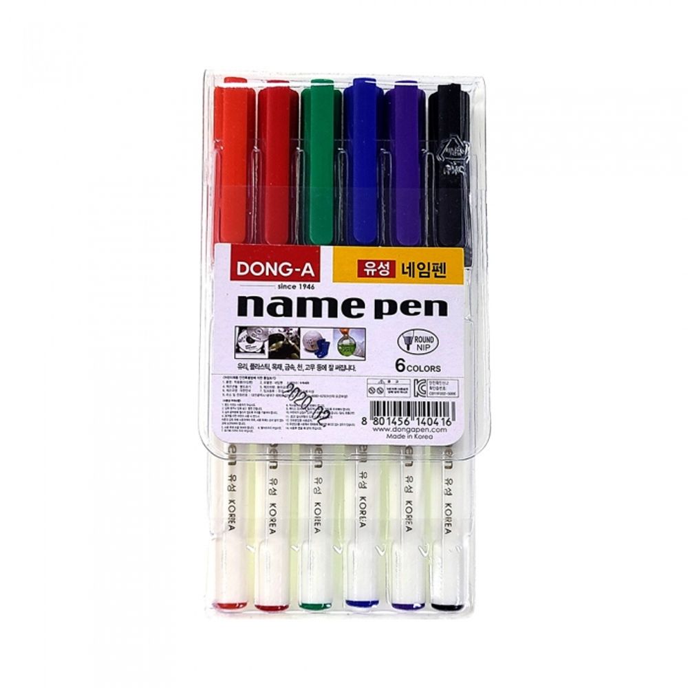DONG-A Permanent Name Pen 6-Color Set | Black, Blue, Red, Purple, Green, Pink | Fine Tip Multi-Surface Marker | Made in Korea