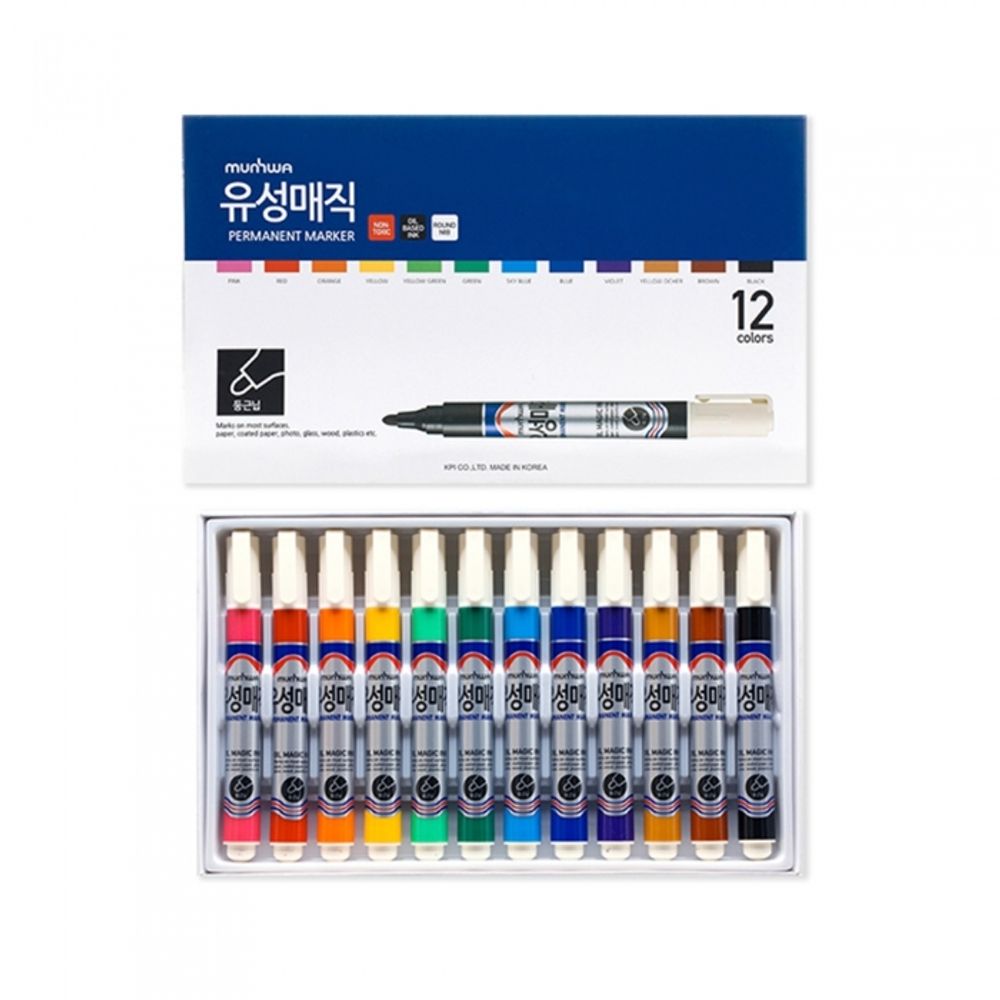 MUNHWA Permanent Marker 12-Color Set | 2.5mm Bullet Tip | Multi-Surface Use | Clip-On Cap | KC Certified | Made in Korea
