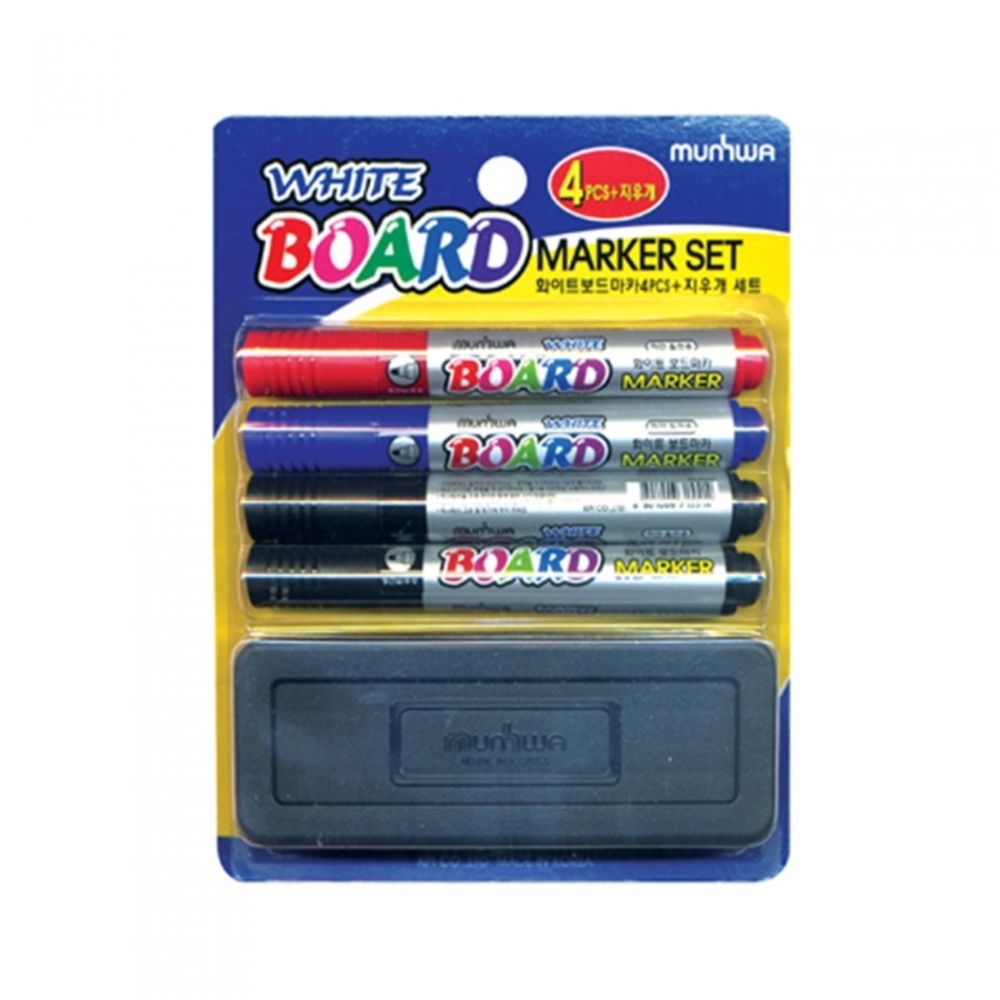MUNHWA Whiteboard Marker 4-Pack & Eraser Set | 2.5mm Bullet Tip | Black(2)+Blue+Red | Felt Eraser Included | Made in Korea
