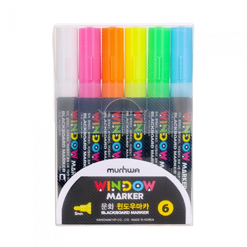 MUNHWA DEOJON Window Marker 6-Color Set | Vibrant Glass & Board Markers | Water-Erasable (Wet-Erase) | Made in Korea