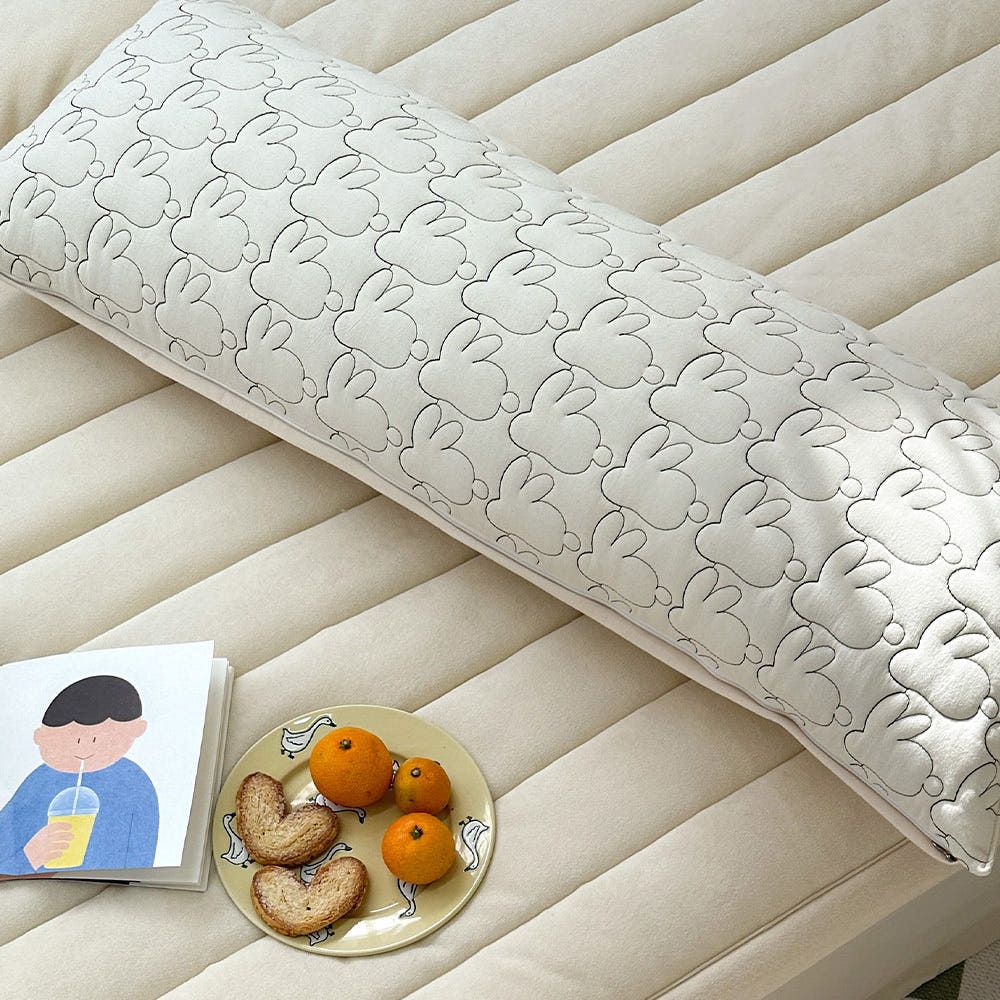 Guy Laroche Rabbit Embroidered Long Cushion Body Pillow Natural Kwangmok Cotton Includes Inner Filling _ Made in Korea