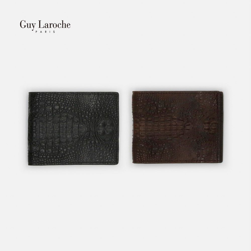 Guy Laroche Premium Caiman Crocodile Leather Bi-fold Wallet 300-068-70 | Genuine Exotic Leather | Cowhide Interior | 8 Slots | Black & Dark Brown